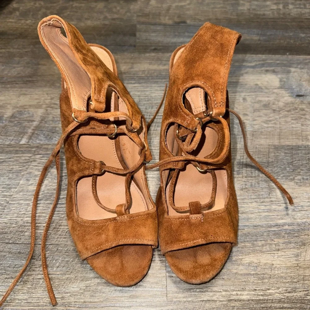 Steve Madden Aryah Cognac Brown Suede Lace Up Block Heel Sandals Womens 9M